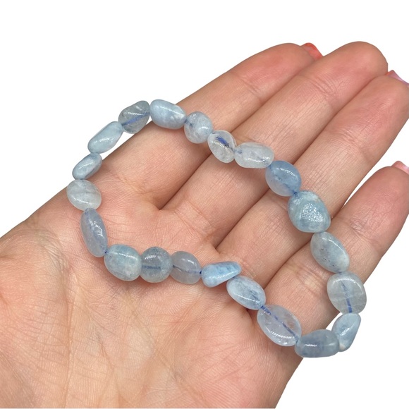 Aquamarine Beaded Stretch Bracelet Gemstone Stone Crystal Crystals Blue Beads - Picture 3 of 5